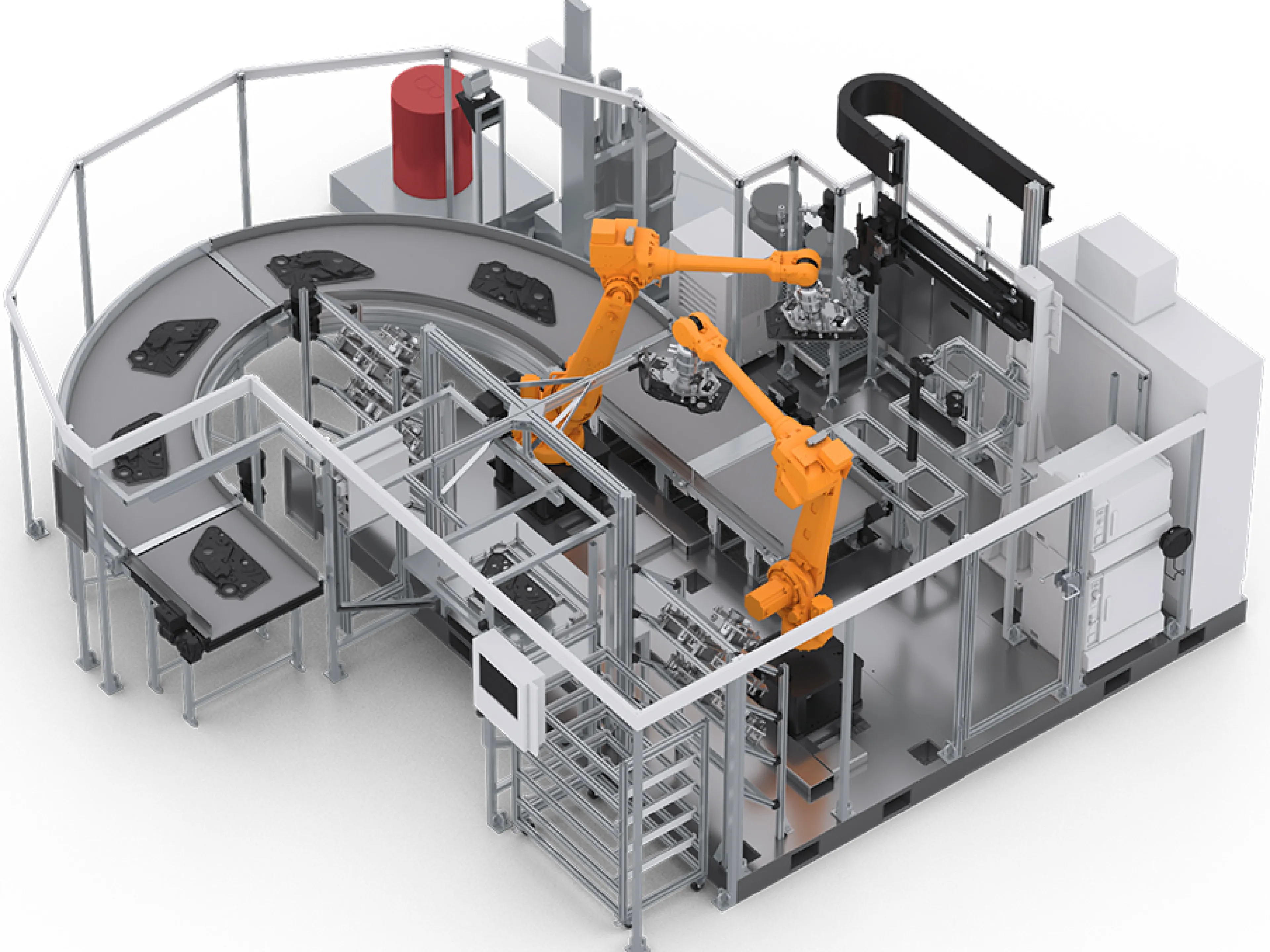 Anlagenkonfiguration mit Sonderhoff Misch- und Dosiermaschine mit zwei 6-Achsrobotern für das Teile-Handling, einer Plasmastation und einem Förderband für das Austakten, Bild: Henkel Anlagenkonfiguration zur Herstellung der Autotürmodule mit Sonderhoff Misch- und Dosiermaschine mit zwei 6-Achsrobotern für das Teile-Handling, einer Plasmastation und einem Förderband für das Austakten