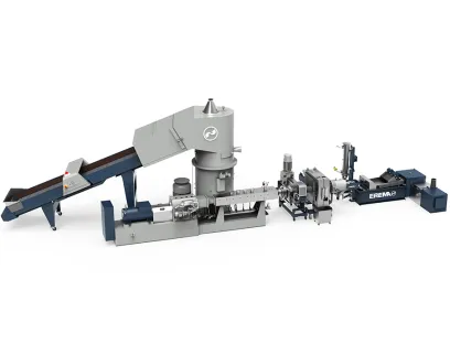 Erema koppelt Doppelschnecke direkt an Preconditioning Unit, Bild: Erema Erema koppelt Doppelschneckenextruder direkt an Preconditioning Unit